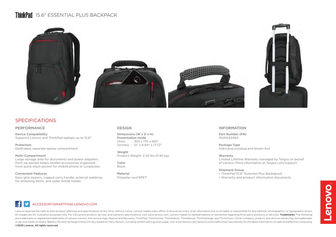 4X41A30364 LENOVO THINKPAD ESSENTIAL PLUS BACKPACK 15W