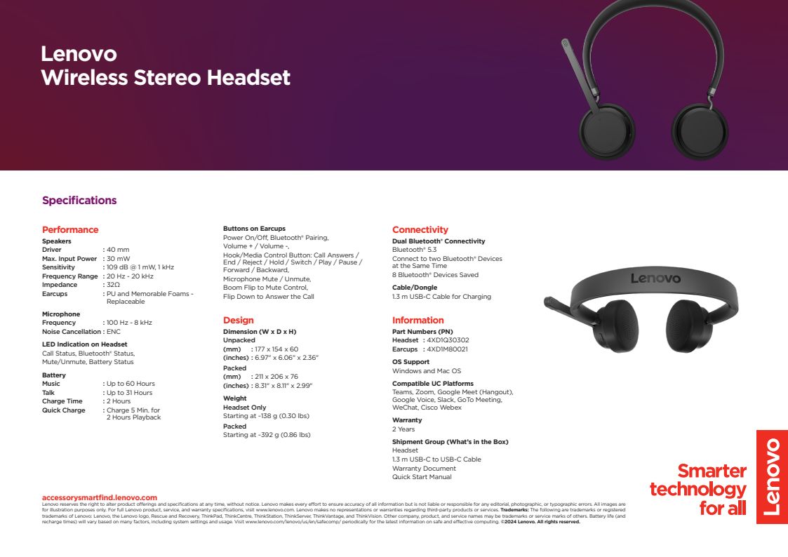 4XD1Q30302 LENOVO WIRELESS STEREO HEADSET