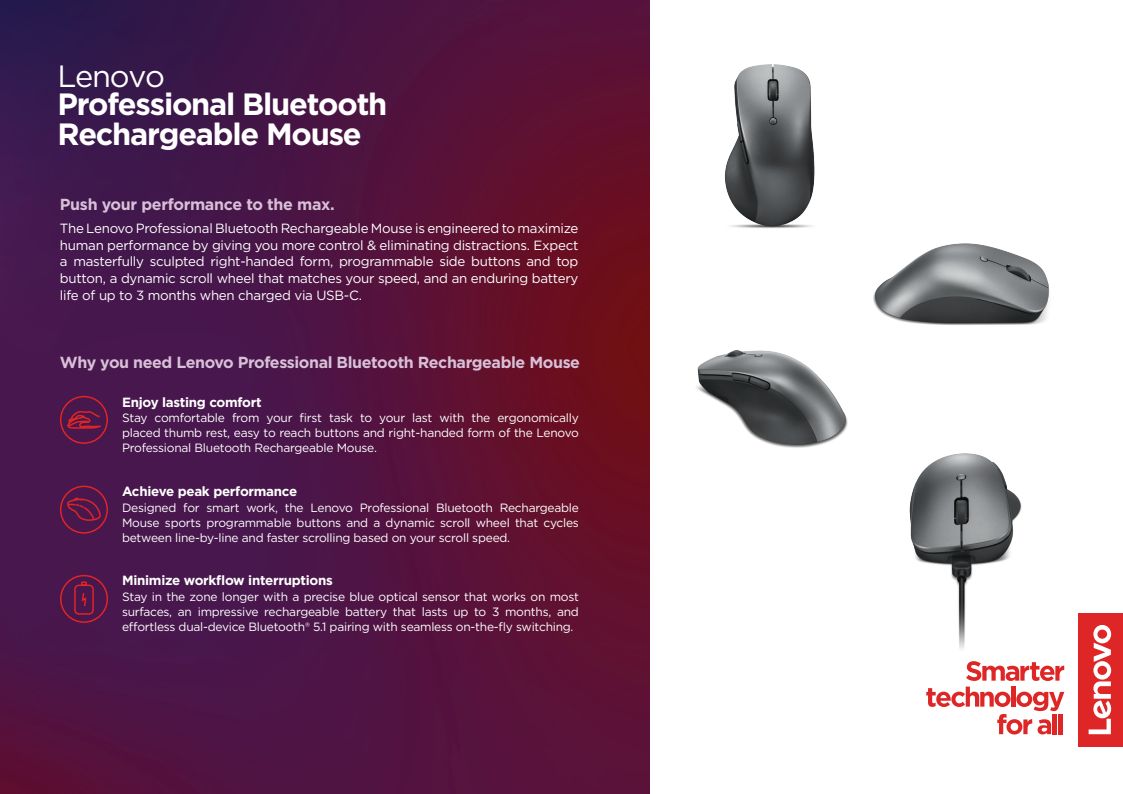 4Y51J62544 LENOVO PRO BLUETOOTH RECHARGEABLE MOUSE