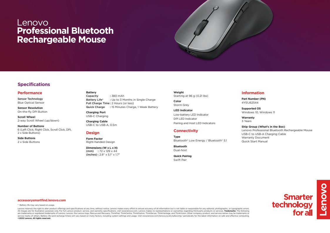 4Y51J62544 LENOVO PRO BLUETOOTH RECHARGEABLE MOUSE