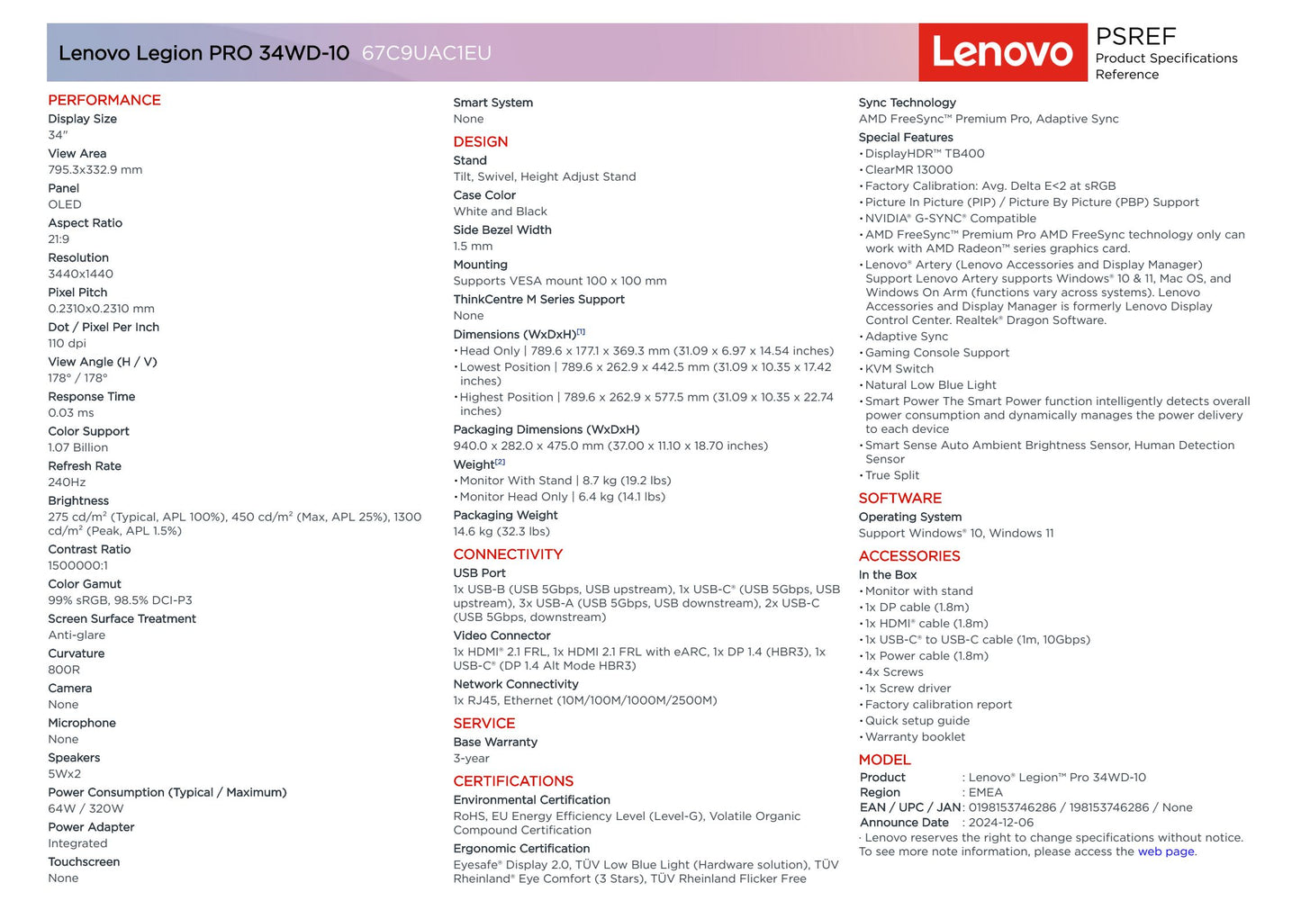 Lenovo Legion Pro 34WD-10 (67C9UAC1EU) – 34" WQHD OLED Gaming Monitor, 240Hz, 800R Curved, 1300 nits Peak, DisplayHDR™ True Black 400, USB-C, HDMI 2.1, DP 1.4, RJ45, 3-Year Warranty