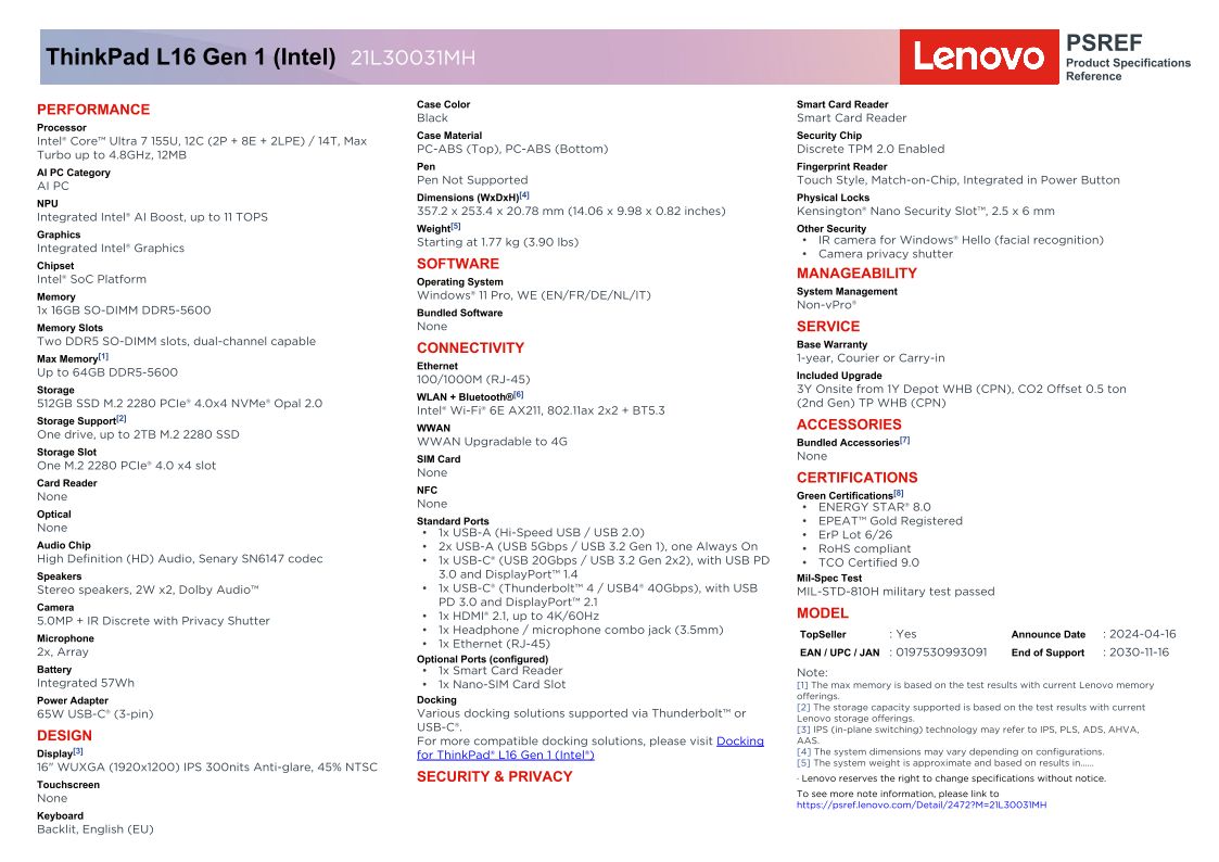 21L30031MH LENOVO ThinkPad L16 Intel G1 U7-155U/16" WUXGA/16GB/512GB SSD/LTE-UPG/W11P/3YOS/ENG