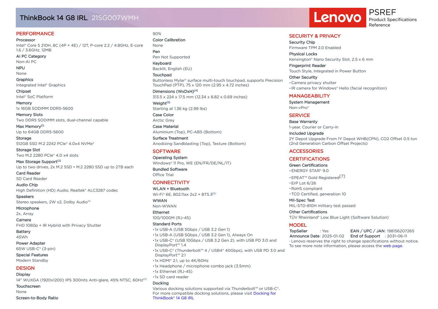 Lenovo ThinkBook 14 Gen 8 (21SG007WMH) – 14" Business Laptop, Intel Core 5-210H, 16GB RAM, 512GB SSD, WUXGA Display, Windows 11 Pro