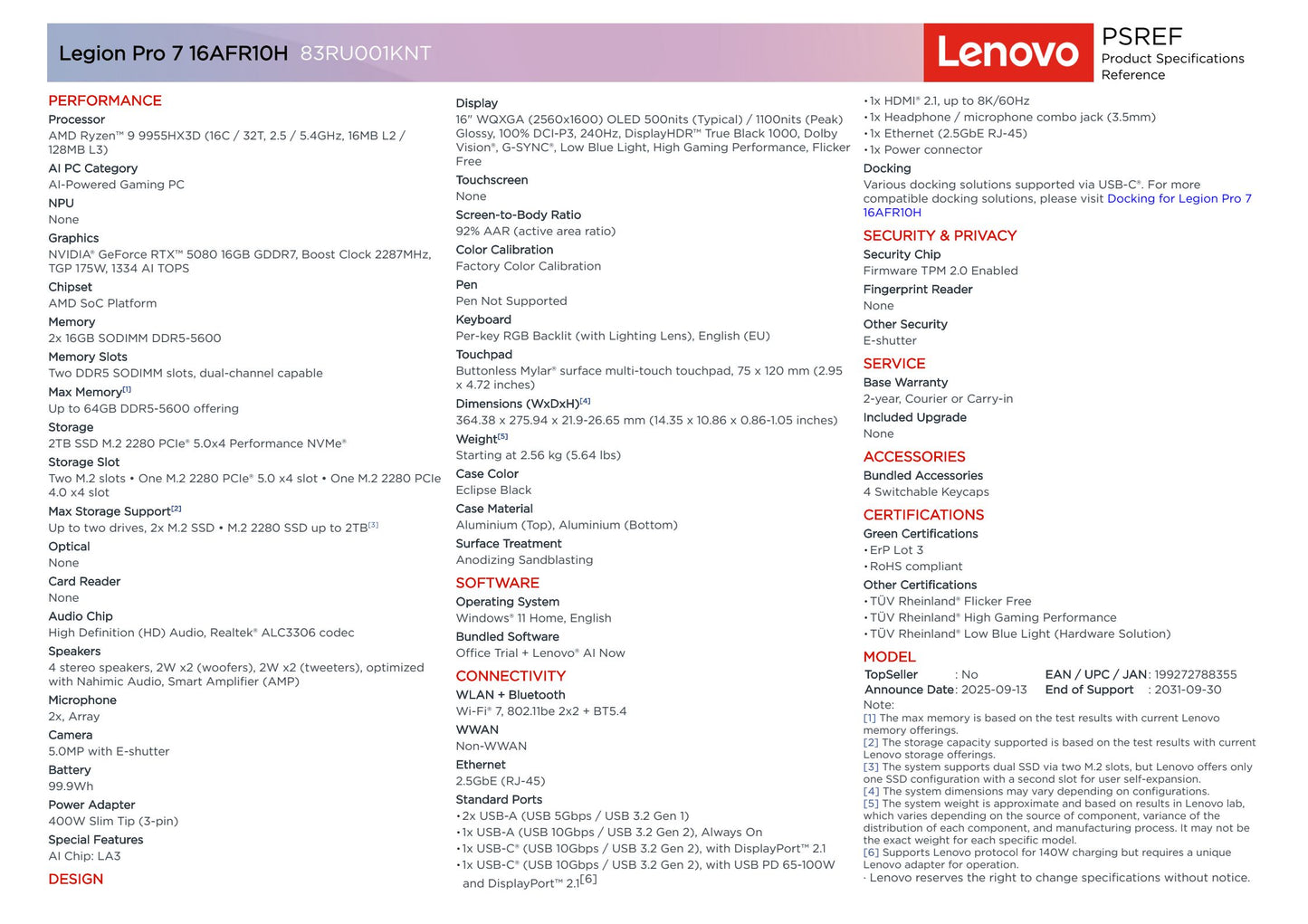 Lenovo Legion Pro 7 (83RU001KNT) – 16" WQXGA Gaming Laptop, Ryzen 9 9955HX3D, 32GB RAM, 2TB SSD, RTX 5080 16GB, Windows 11 Home, Eclipse Black