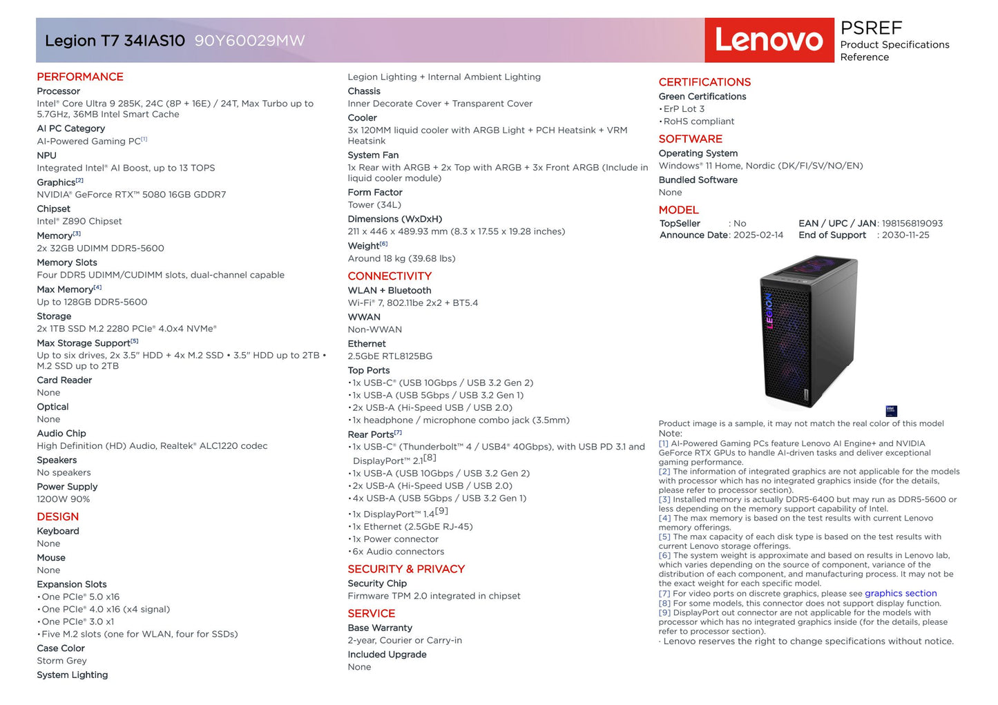 Lenovo Legion T7 PC Computer (90Y60029MW) – Ultra 9 285K, 64GB RAM, 2TB SSD, Intel Z890 Chipset, RTX 5080 16GB, Windows 11 Home, Storm Grey
